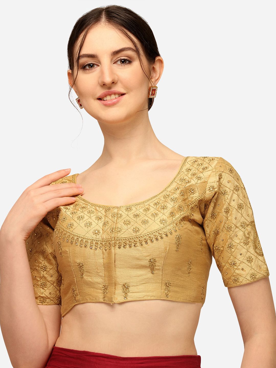 Mesmore Women Beige & Gold-Coloured Embroidered Silk Saree Blouse Price in India