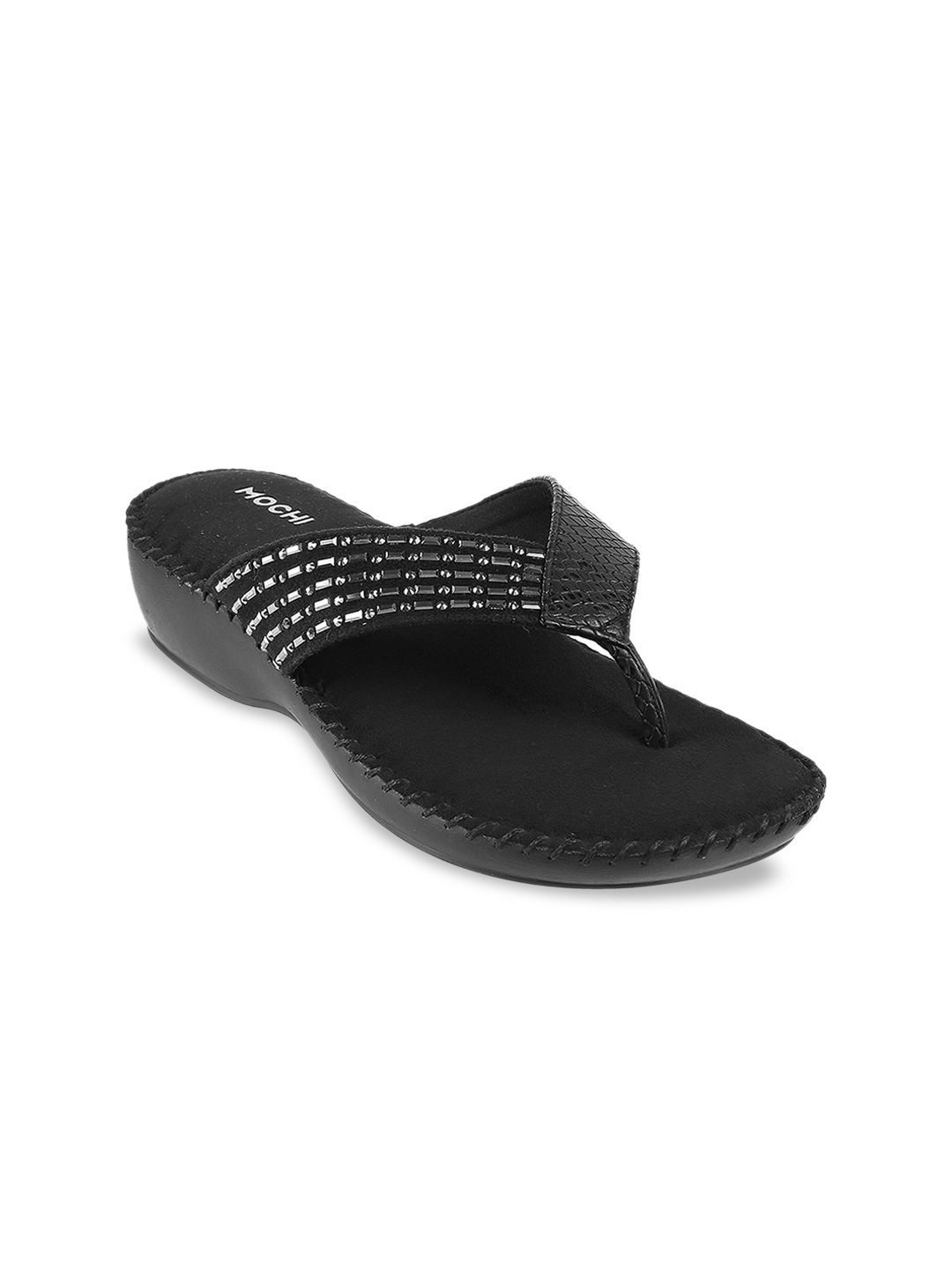 Mochi Black Embellished Comfort Sandals Price in India