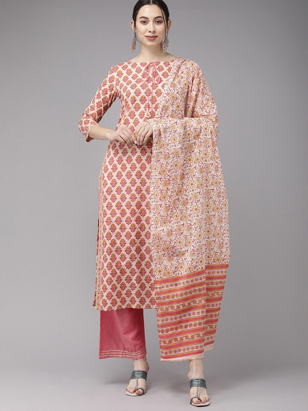 Indo Era Pink & White Ethnic Motifs Printed Dupatta