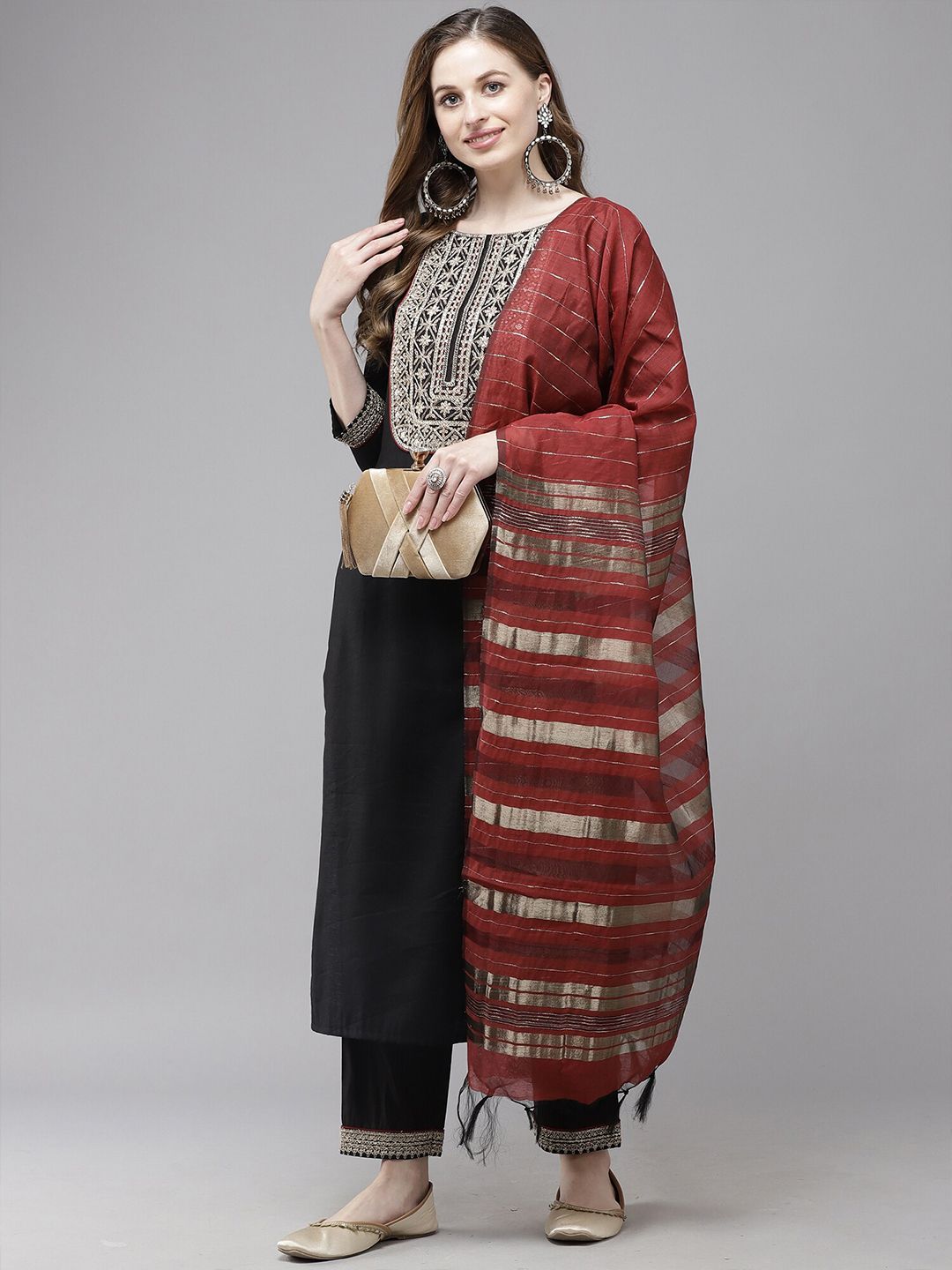 Indo Era Maroon & Gold-Toned Woven Design Art Silk Dupatta Price in India