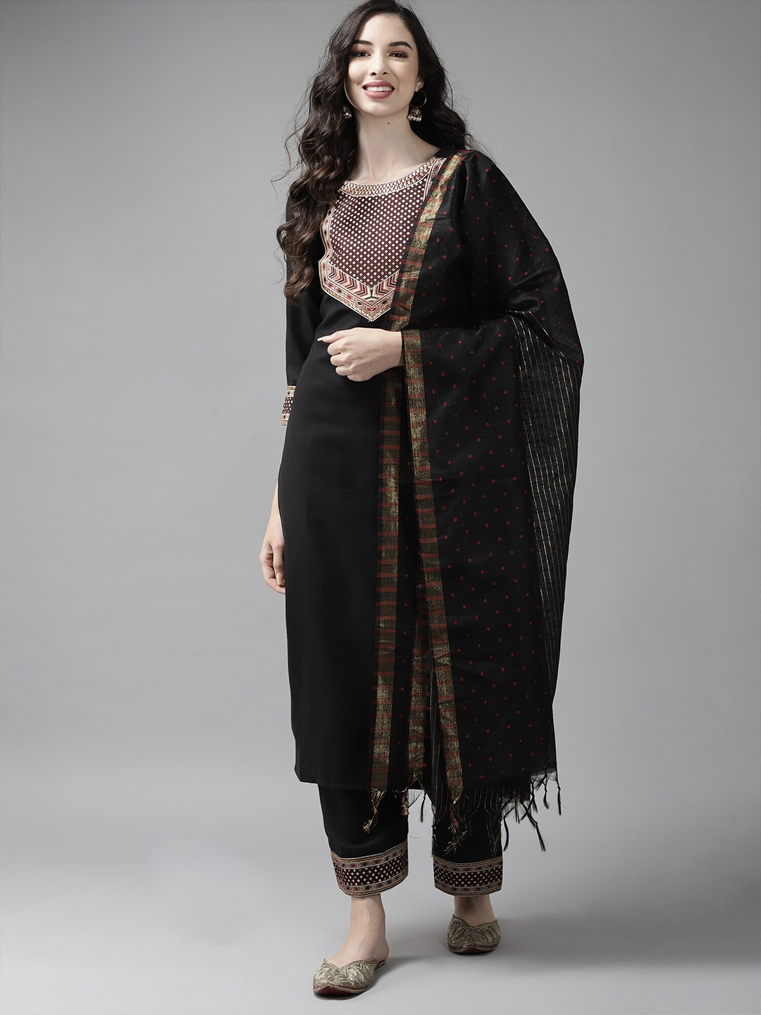 Indo Era Black & Gold-Toned Art Silk Dupatta Price in India