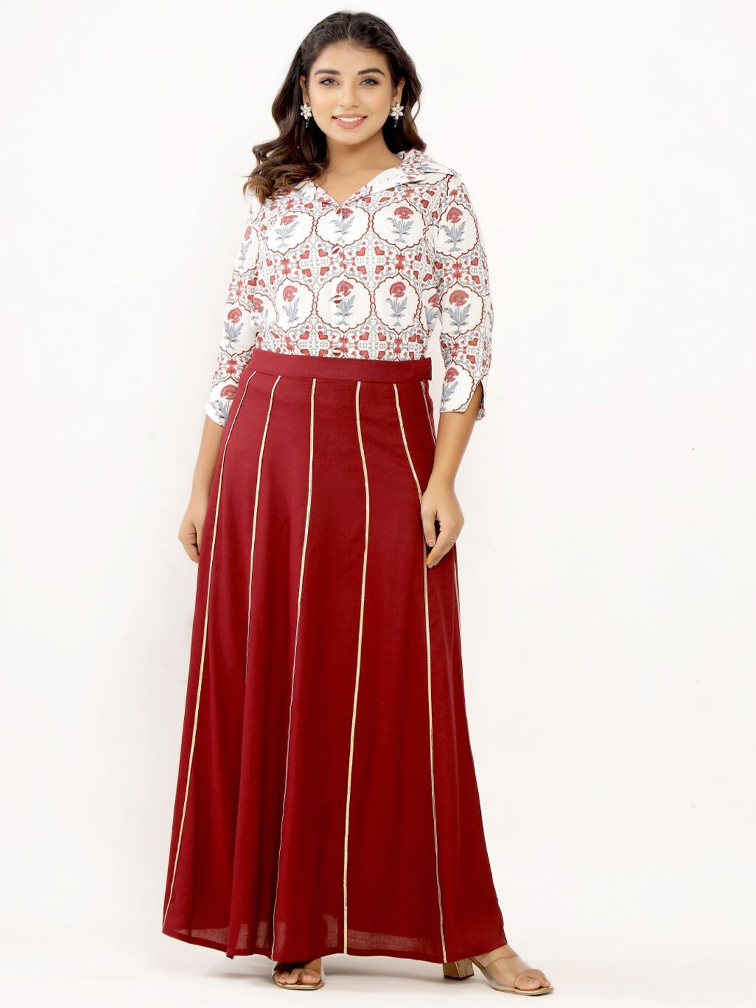 KALINI Womens Maroon & Off White Cotton Mughal Print Shirt With Skirt Set Price in India