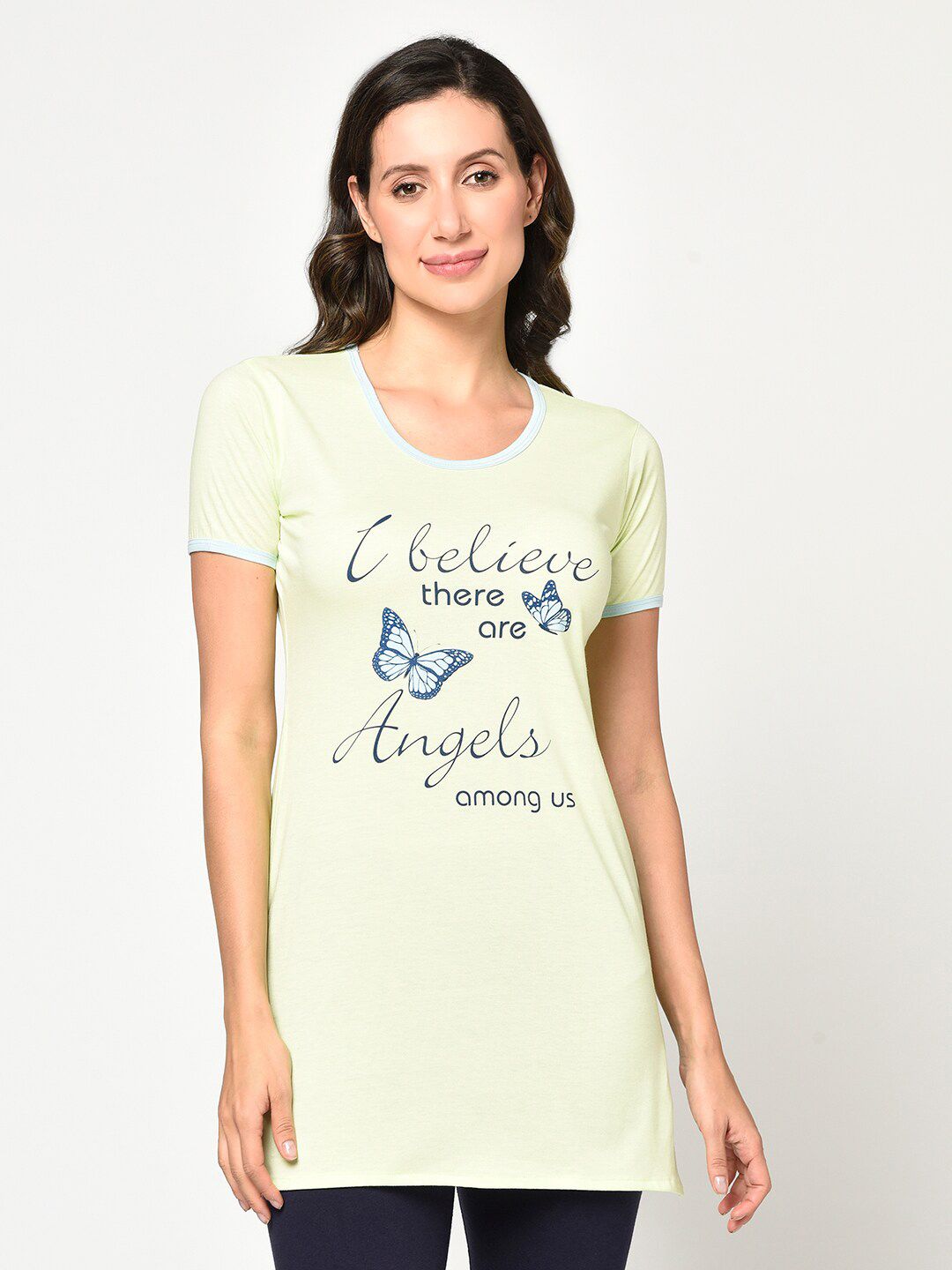 CUSHYBEE Women Green & Blue Typography Printed Cotton Longline Lounge T-shirt Price in India