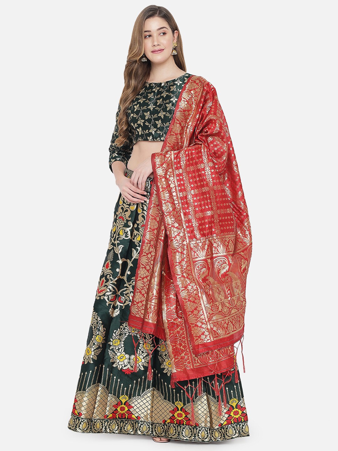 DIVASTRI Green & Red Ready to Wear Lehenga & Unstitched Blouse With Dupatta Price in India