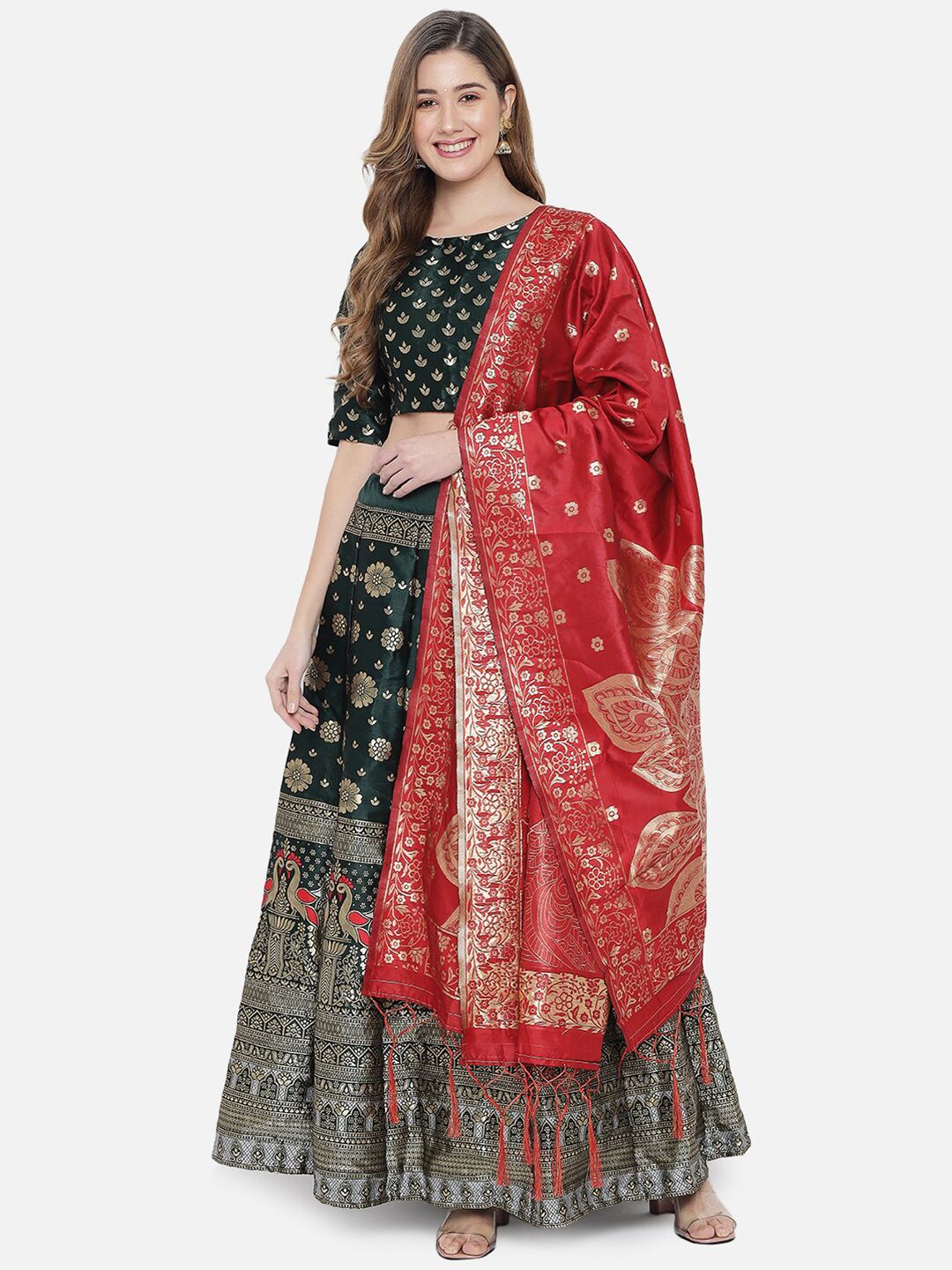 DIVASTRI Green & Red Ready to Wear Banarasi Silk Lehenga & Unstitched Blouse With Dupatta Price in India
