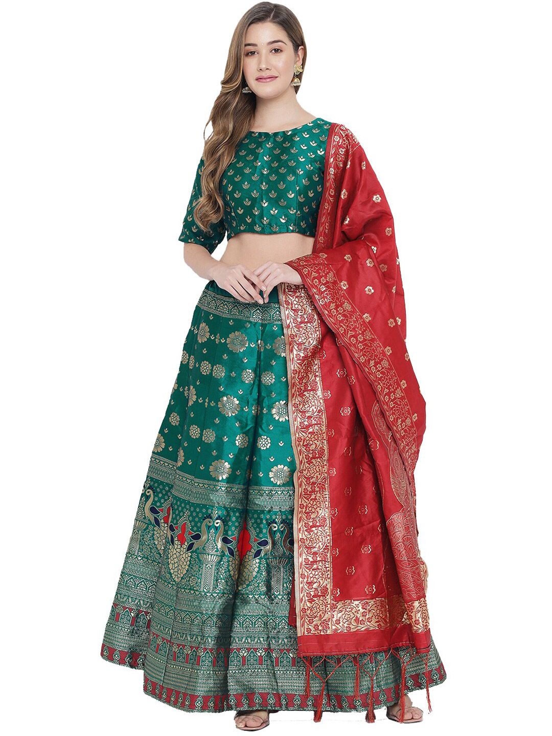 DIVASTRI Green & Golden Ready to Wear Lehenga & Unstitched Blouse With Dupatta Price in India