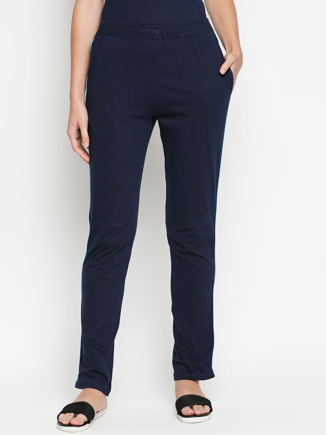 XIN Women Navy Blue Solid Pure Cotton Relaxed-Fit Lounge Pants Price in India