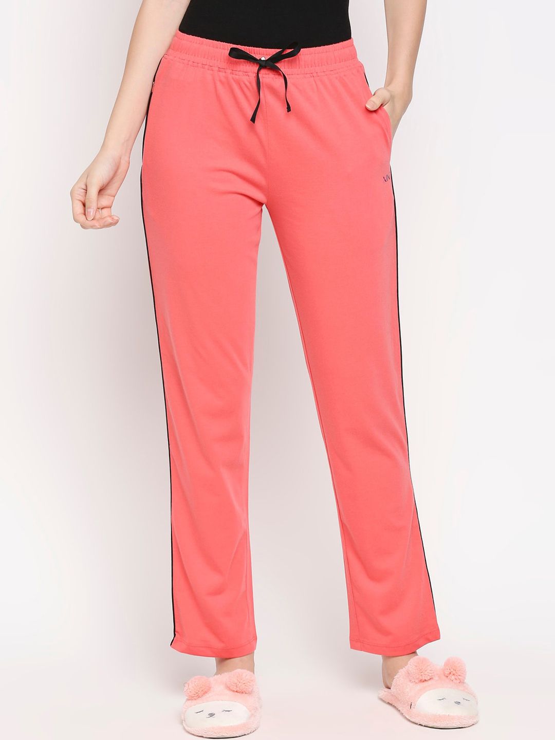 XIN Women Coral Pink Solid Pure Cotton Lounge Pants Price in India
