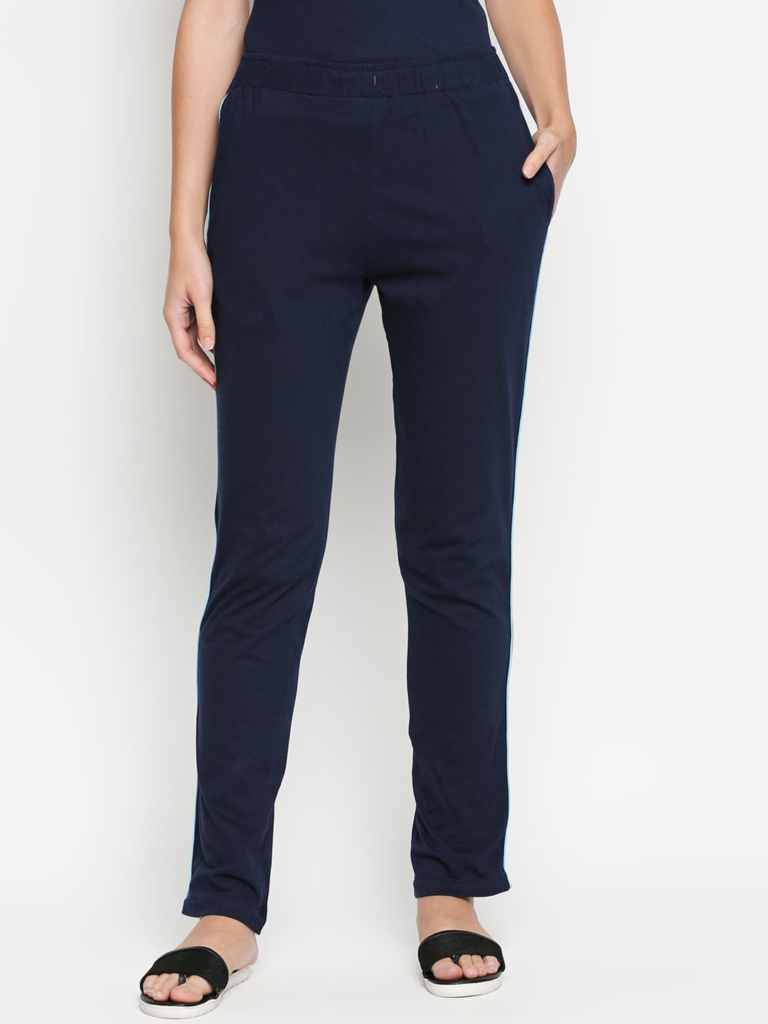 XIN Women Navy Blue Solid Relaxed Fit Pure Cotton Lounge Pants Price in India