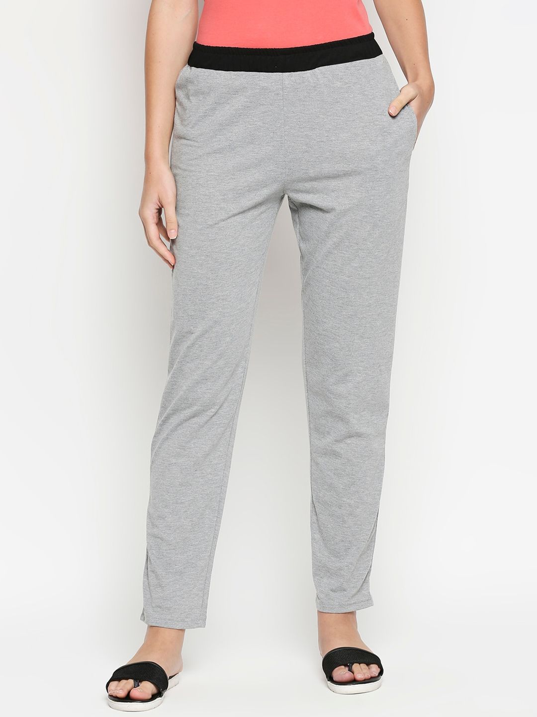 XIN Women Grey Melange Solid Pure Cotton Relaxed-Fit Lounge Pants Price in India