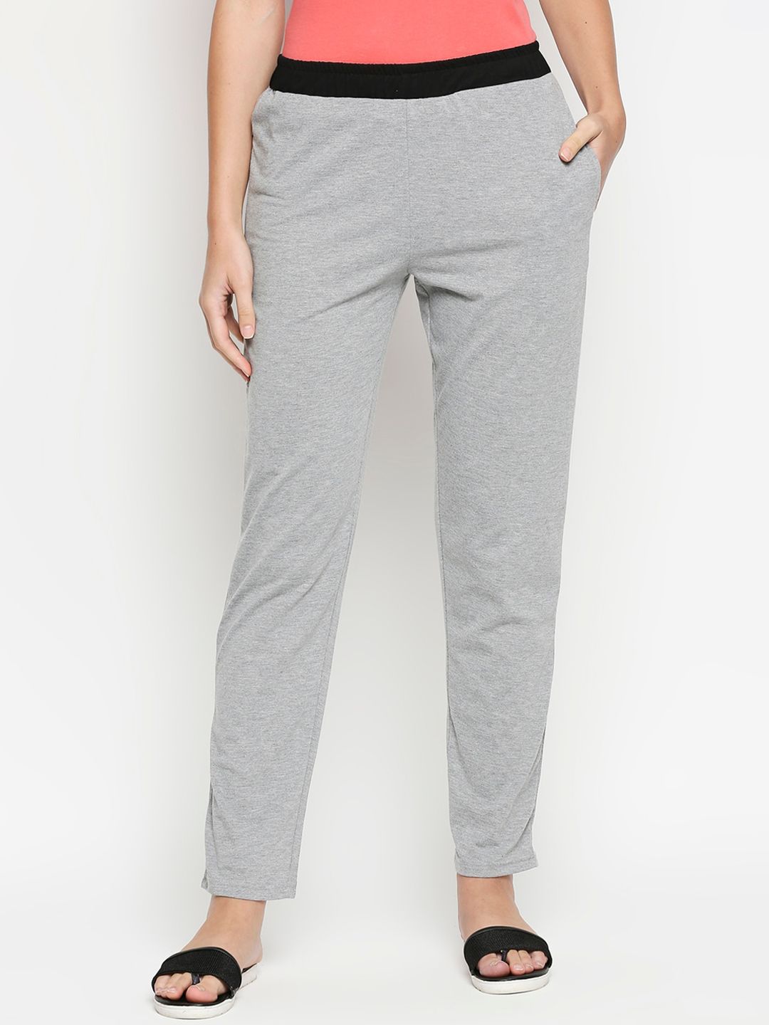 XIN Women Grey Melange Relaxed Fit Pure Cotton Lounge Pants Price in India