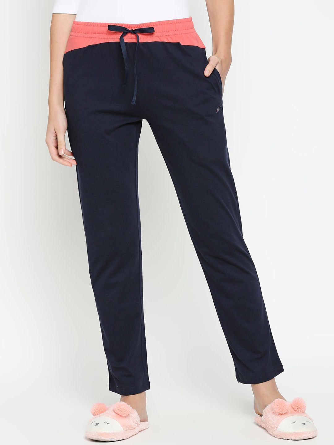 XIN Women Navy Blue Solid Pure Cotton Solid Lounge Pants Price in India