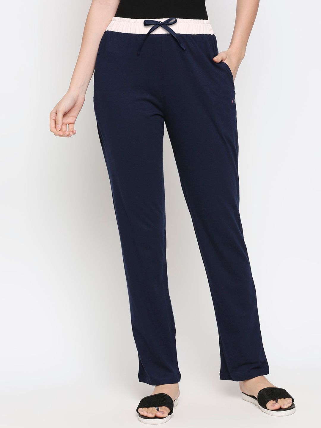 XIN Women Navy Blue Solid Pure Cotton Lounge Pants Price in India