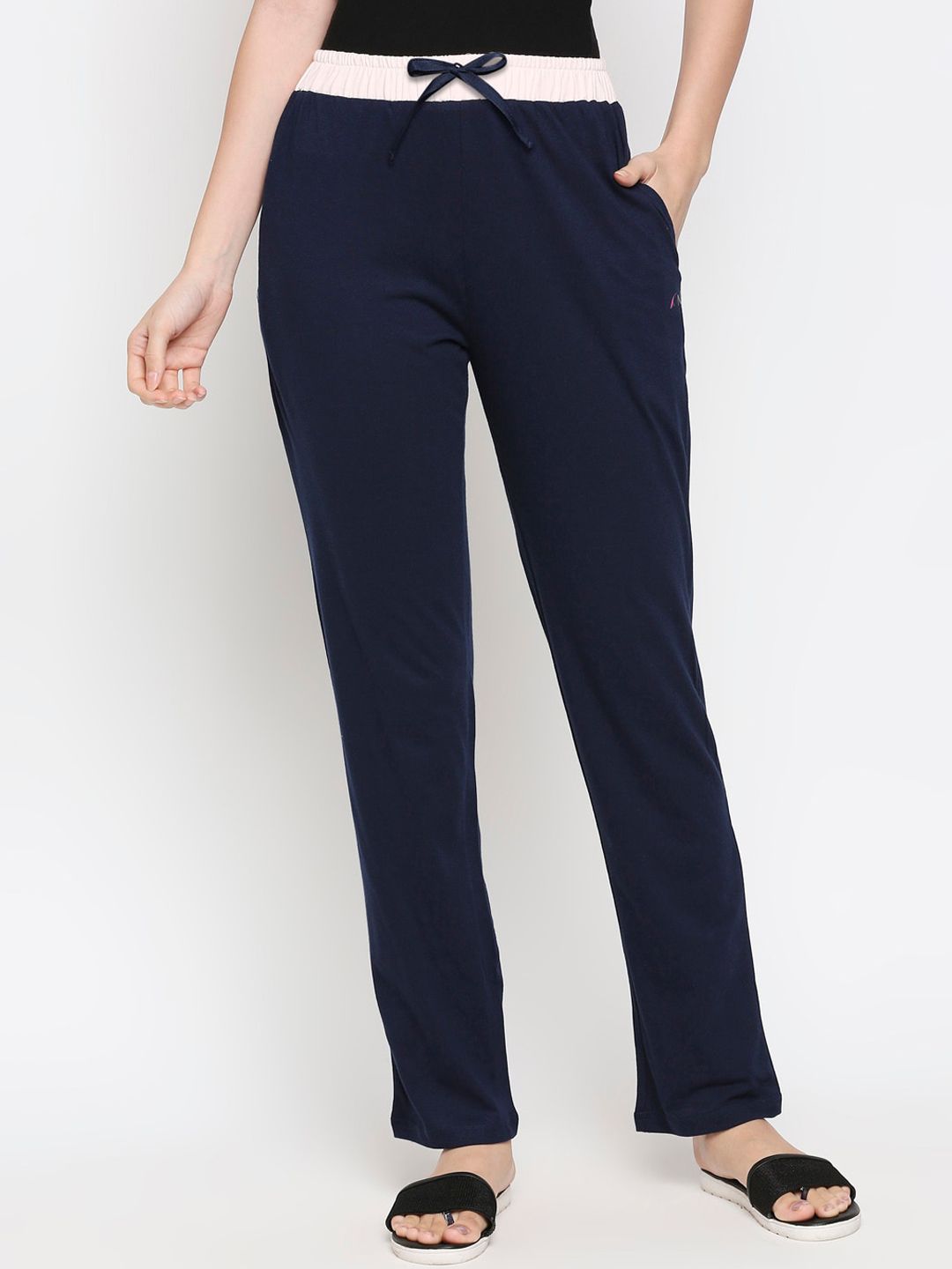 XIN Women Navy Blue Solid Relaxed Fit Pure Cotton Lounge Pants Price in India