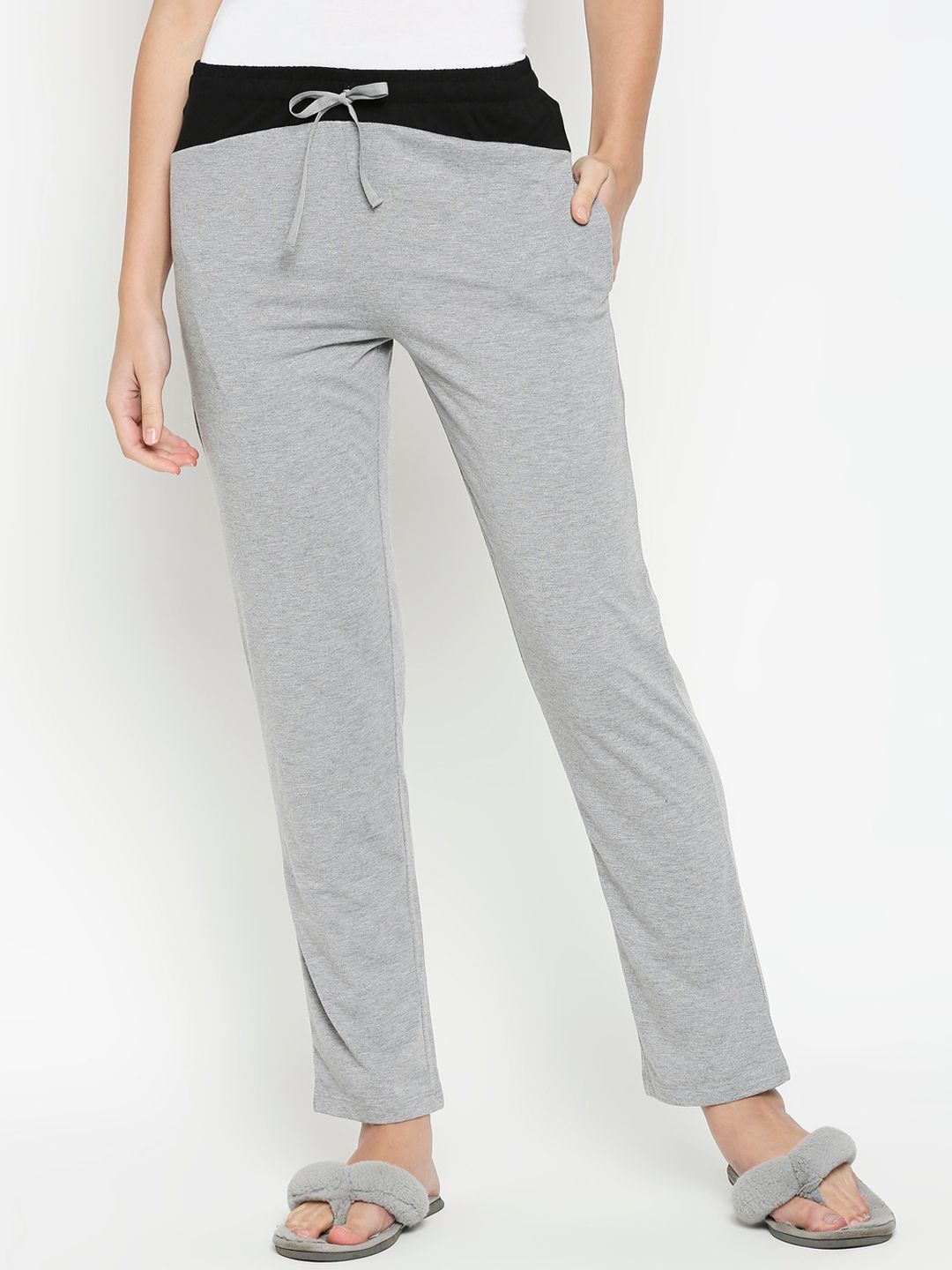 XIN Women Grey Melange Solid Pure Cotton Relaxed-Fit Lounge Pants Price in India