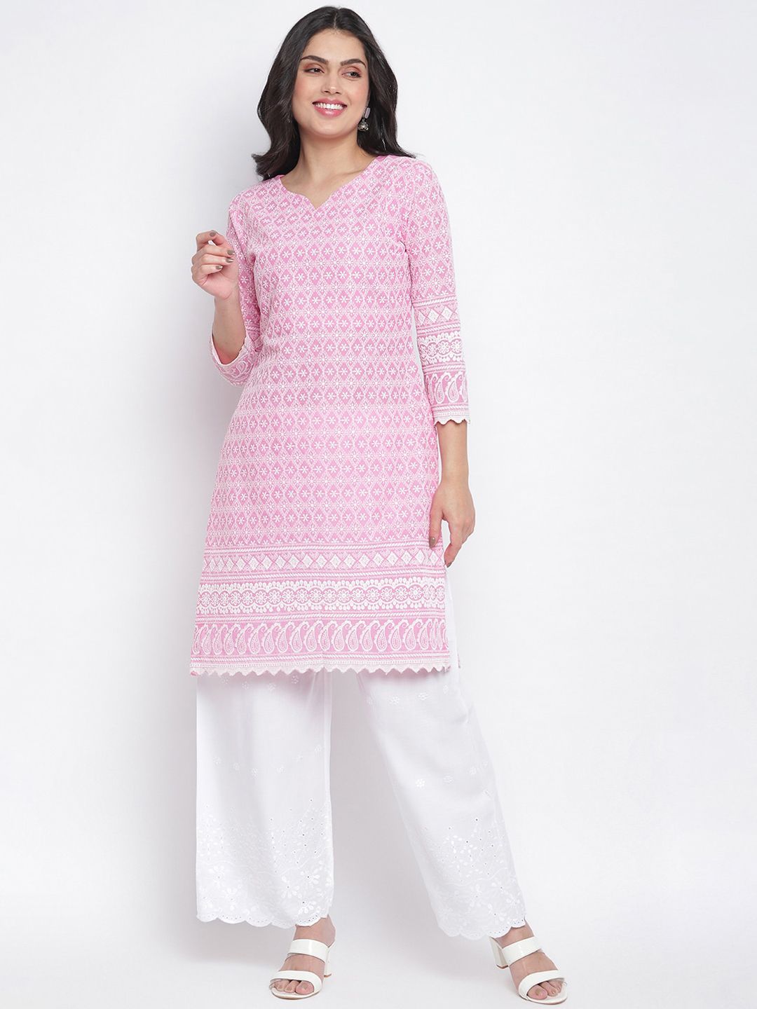 Lagashi Women Pink & White Ethnic Motifs Embroidered Pure Cotton Chikankari Kurta Price in India