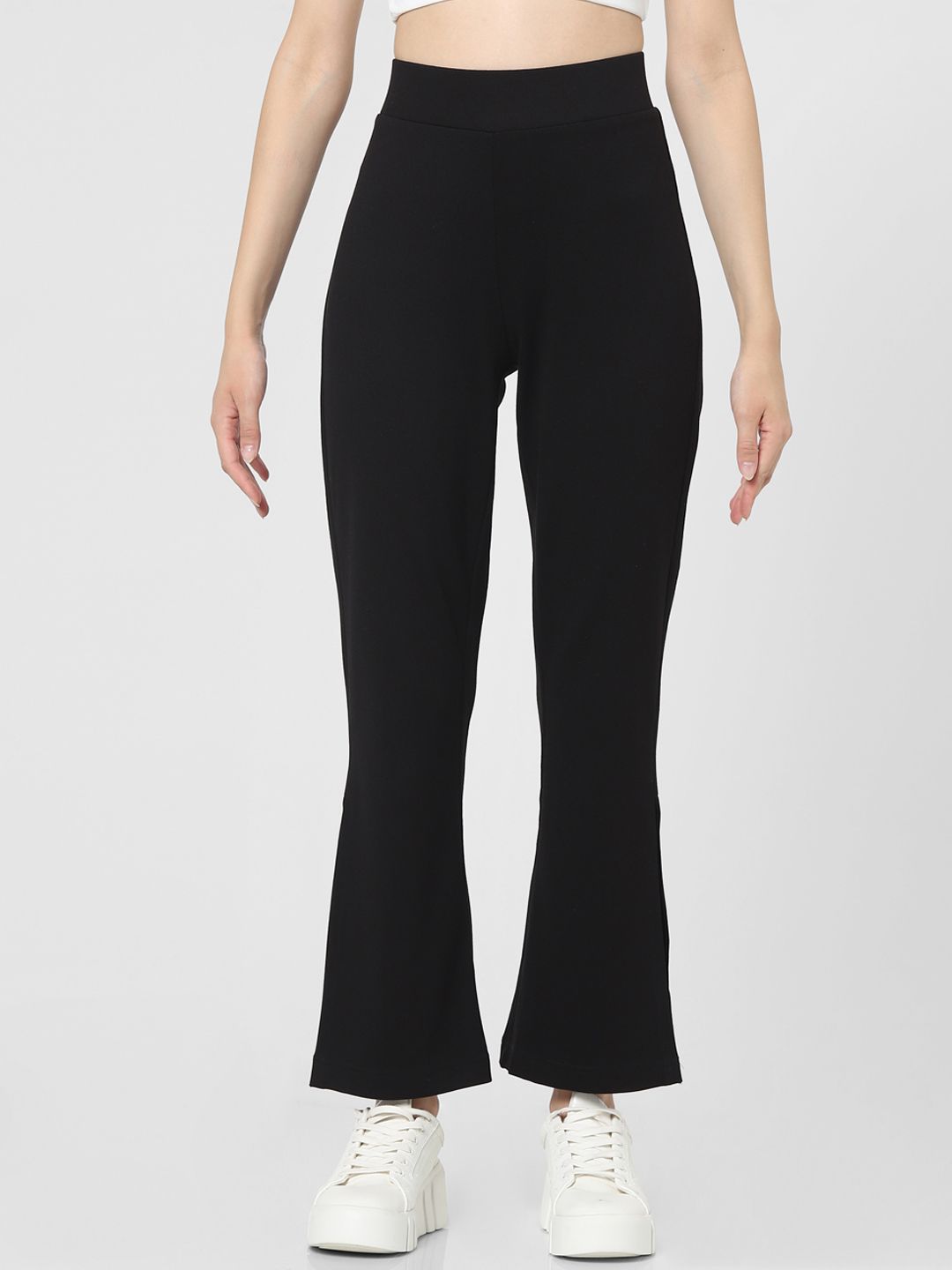 ONLY Women Black Flared High-Rise Trousers Price in India