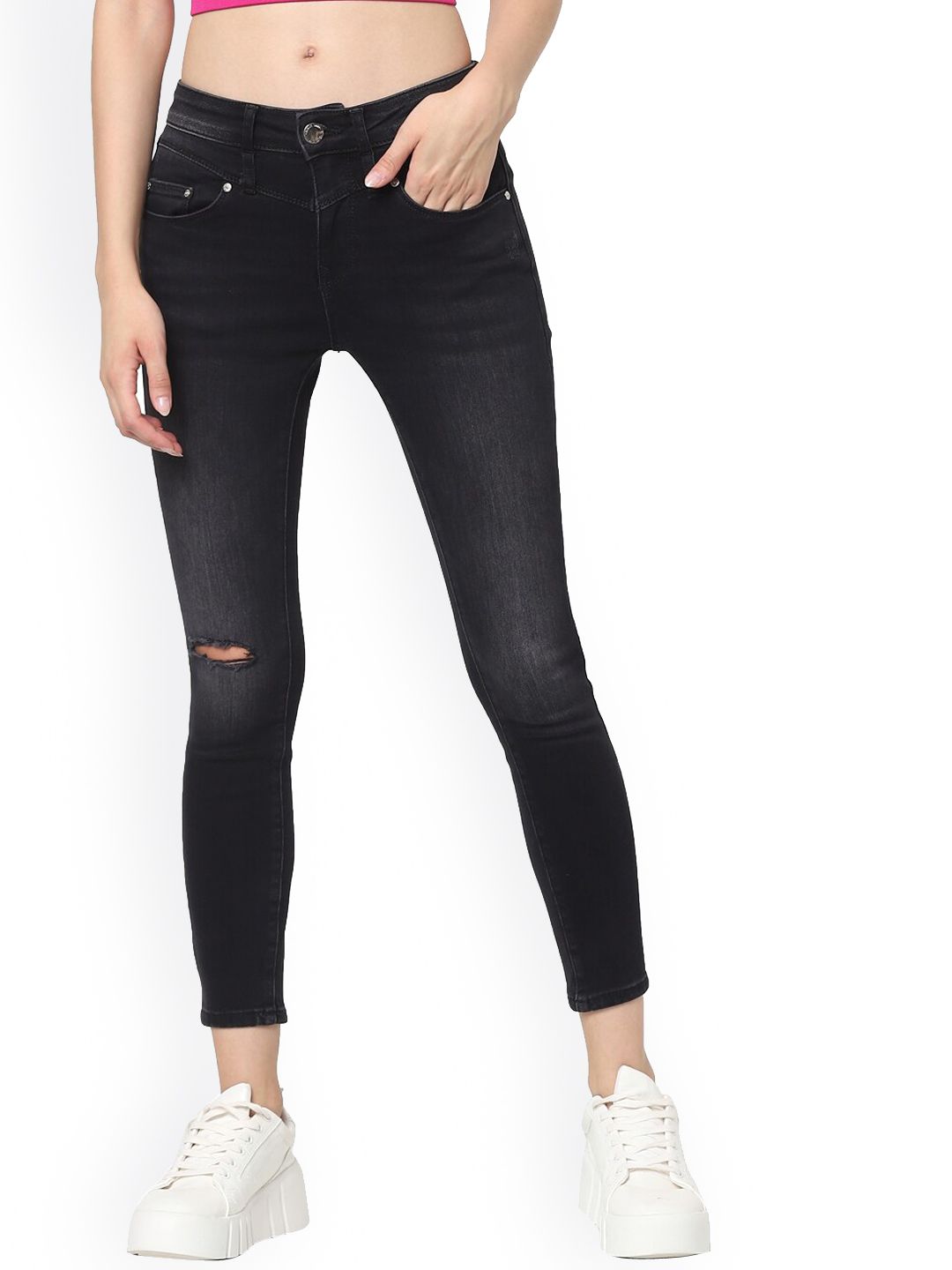 ONLY Women Black Skinny Fit Mildly Distressed Jeans Price in India