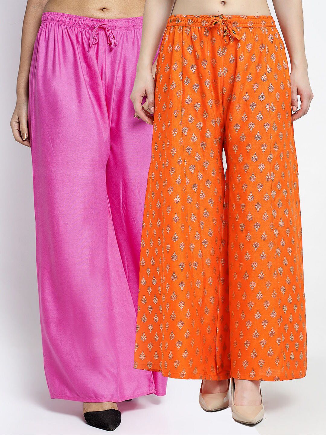 Jinfo Women Pink & Orange Set Of 2 Printed Flared Knitted Ethnic Palazzos Price in India