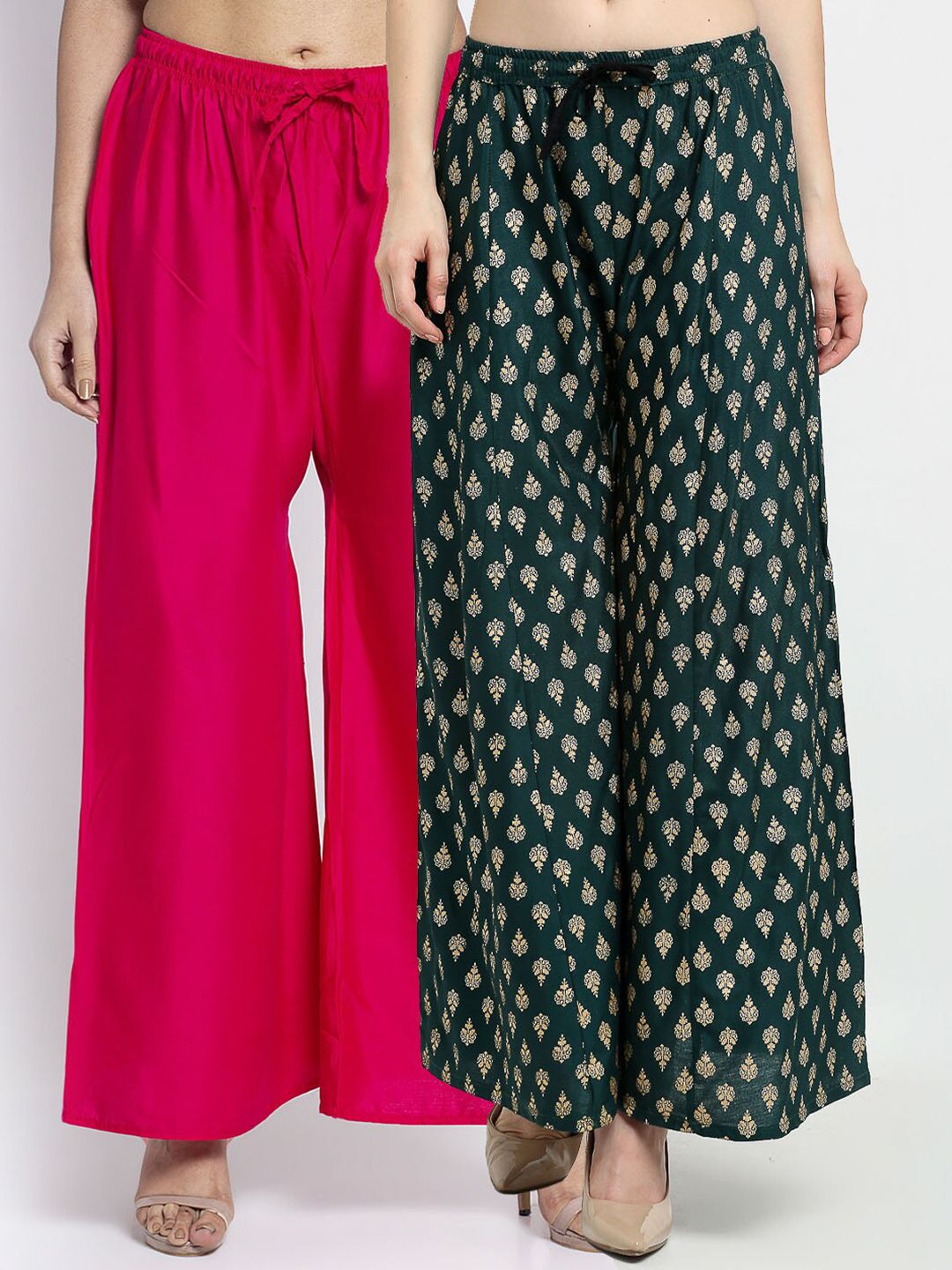 Jinfo Women Pink & Green Set of 2 Flared Ethnic Palazzos Price in India