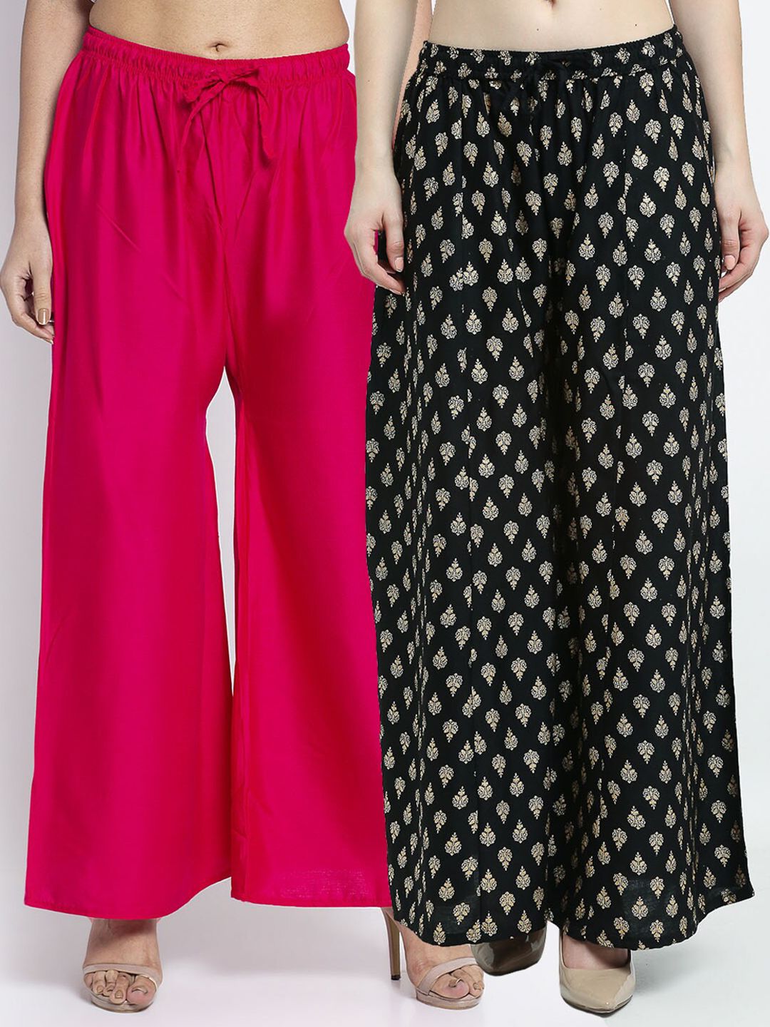 Jinfo Women Pink & Black Set Of 2 Floral Printed Flared Knitted Ethnic Palazzos Price in India