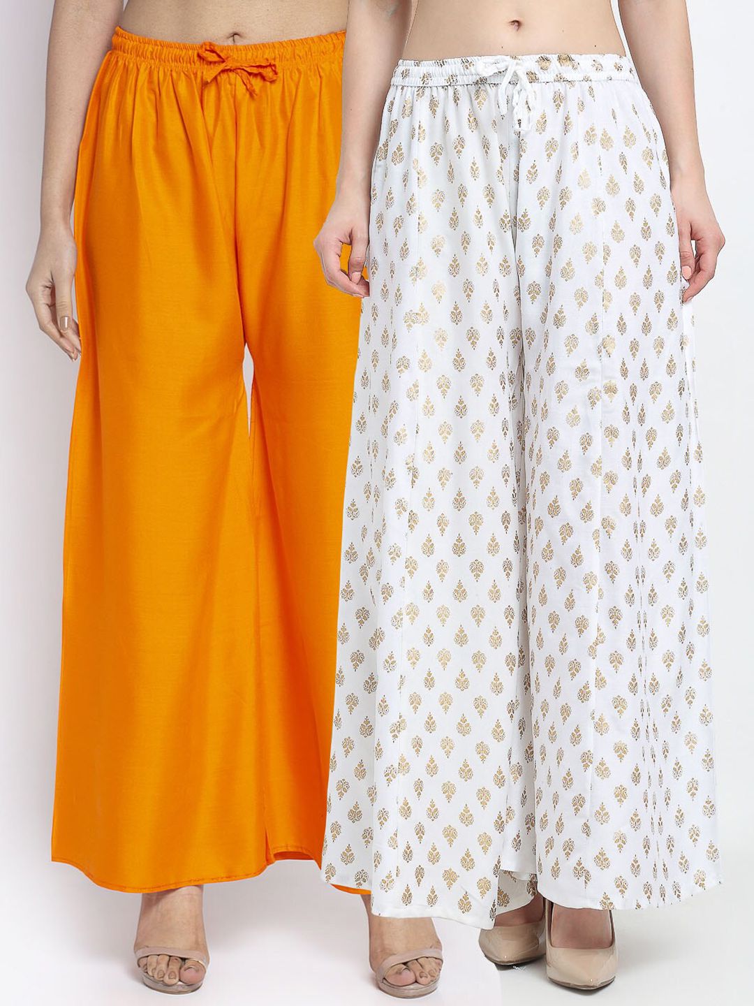 Jinfo Women Orange & White Set Of 2 Printed Flared Knitted Ethnic Palazzos Price in India