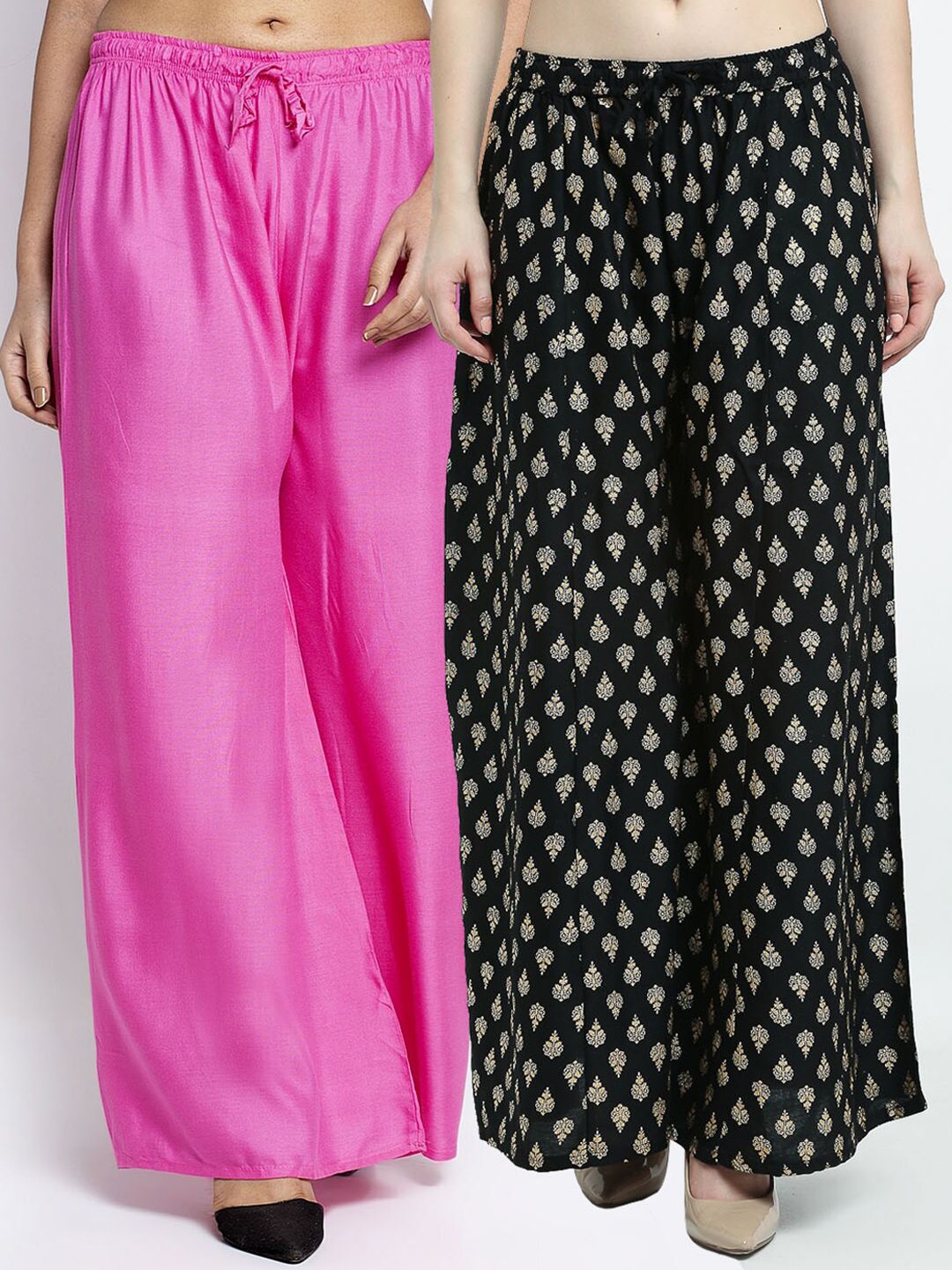 Jinfo Women Pink & Black Set of 2 Flared Ethnic Palazzos Price in India