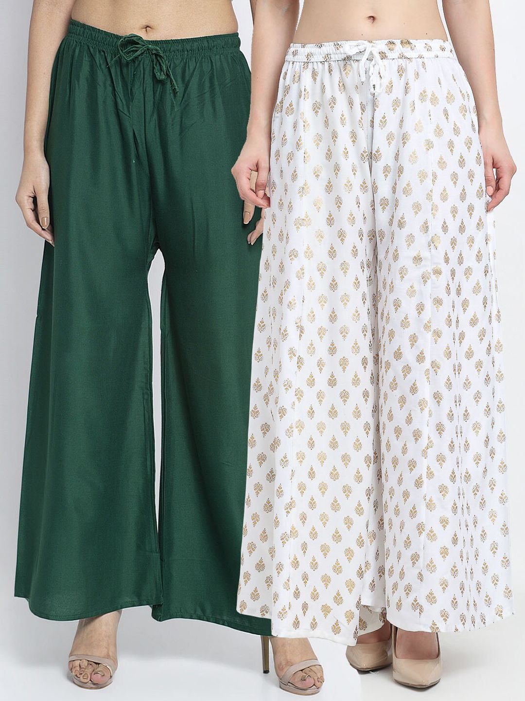 Jinfo Women Green & White Set Of 2 Printed Flared Knitted Ethnic Palazzos Price in India