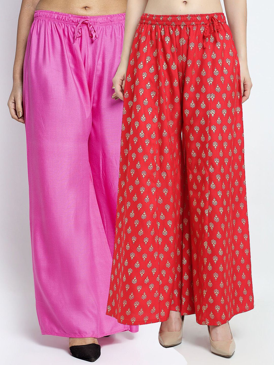 Jinfo Women Pink & Red Set Of 2 Printed Flared Knitted Ethnic Palazzos Price in India