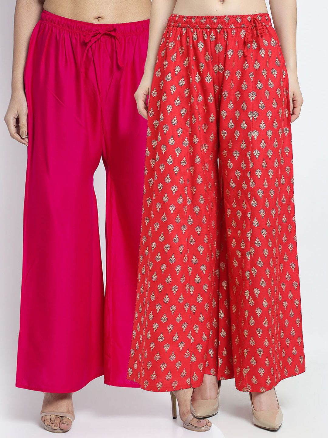 Jinfo Women Pink & Red Set of 2 Flared Ethnic Palazzos Price in India