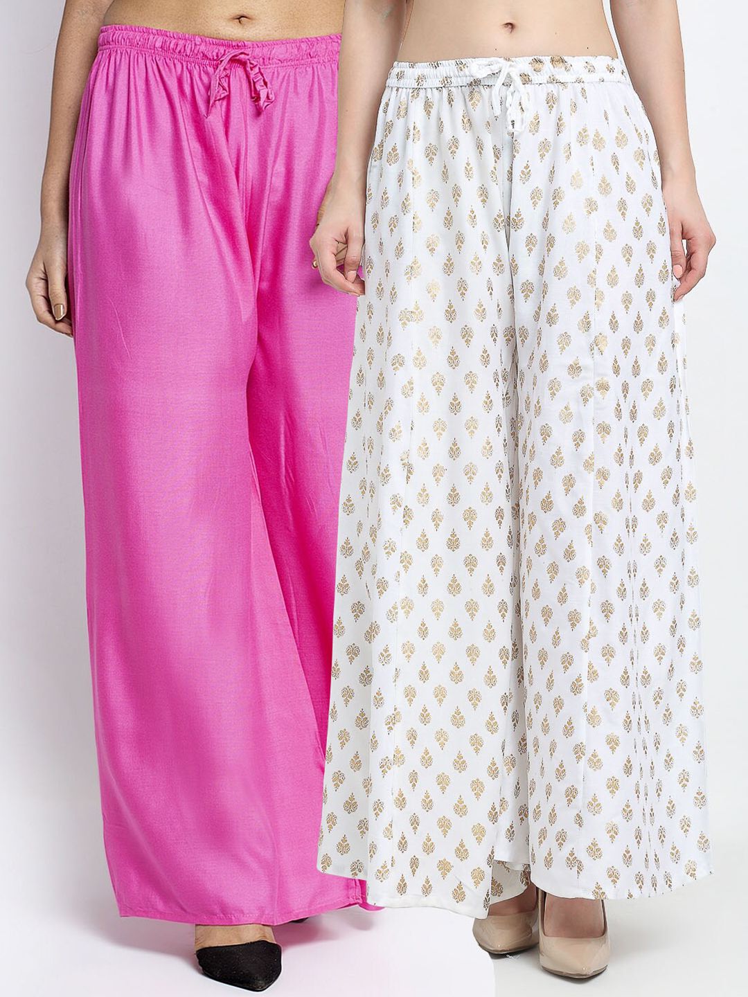 Jinfo Women Pink & White Set of 2 Flared Ethnic Palazzos Price in India