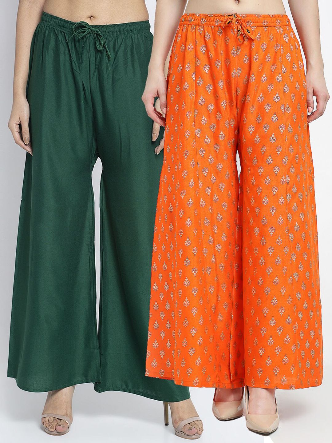 Jinfo Women Green & Orange Set Of 2 2 Printed Flared Knitted Ethnic Palazzos Price in India