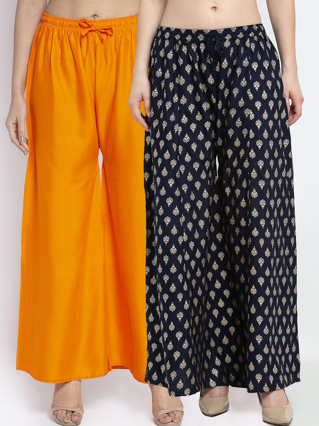 Jinfo Women Orange & Navy Blue Set of 2 Flared Ethnic Palazzos Price in India