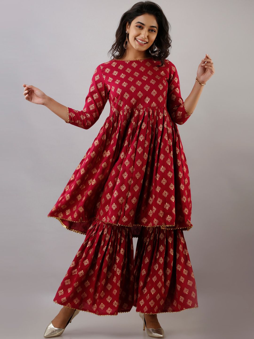 KALINI Women Maroon Ethnic Motifs Printed Pleated Kurta with Sharara Price in India