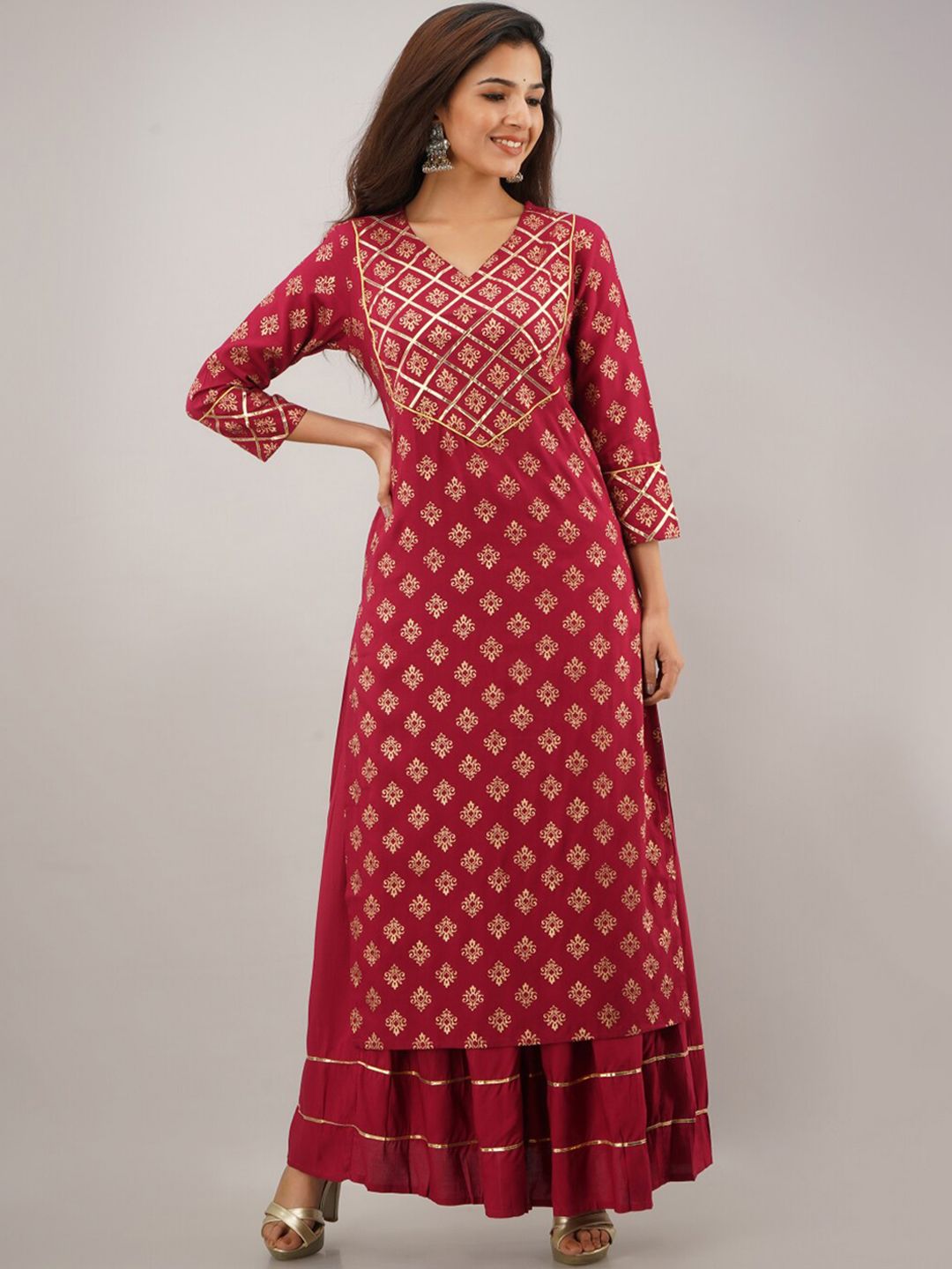 KALINI Women Maroon Ethnic Motifs Printed Angrakha Kurta with Skirt Price in India