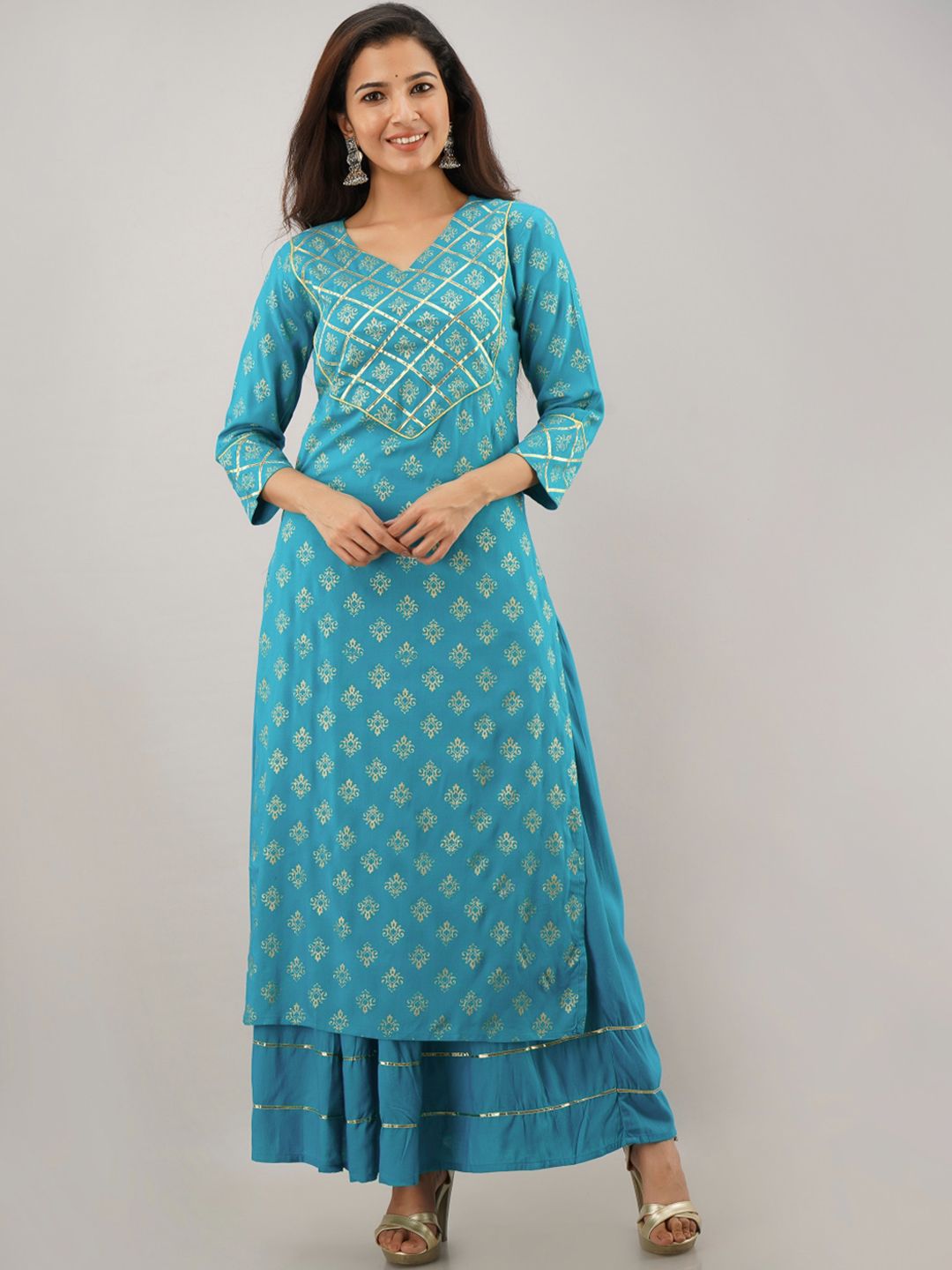 KALINI Women Turquoise Blue Ethnic Motifs Printed Kurti with Skirt Price in India