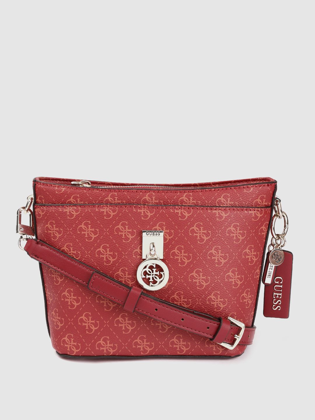 GUESS Red & Orange Checked Structured Sling Bag with Detachable Sling Strap & Tab Price in India