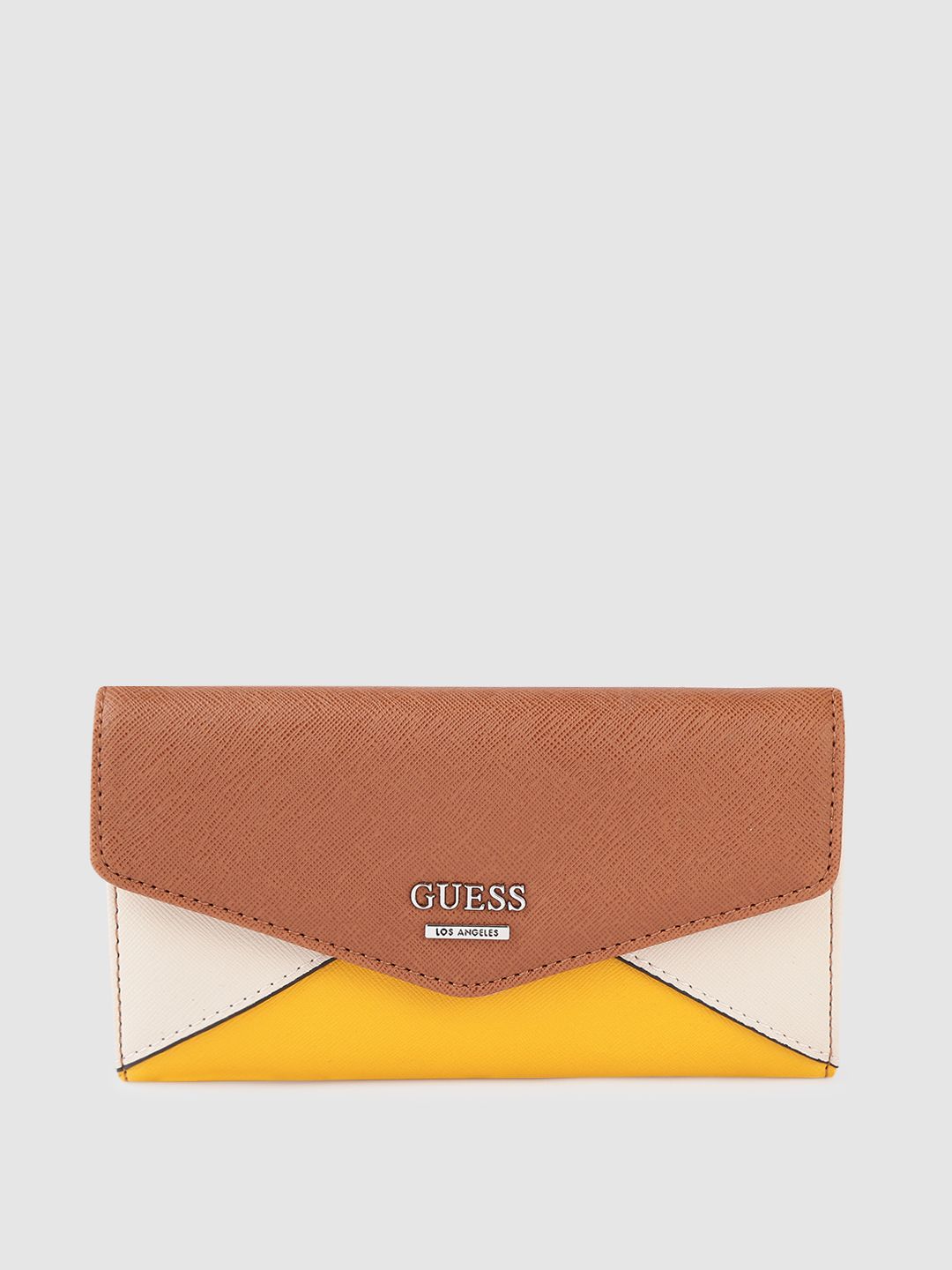 GUESS Women Tan Brown & Mustard Yellow Colourblocked Saffiano Textured Three Fold Wallet Price in India