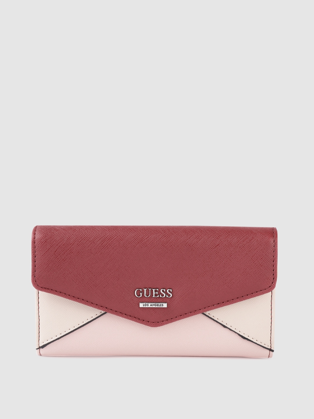 GUESS Women Maroon & Beige Colourblocked Three Fold Wallet Price in India