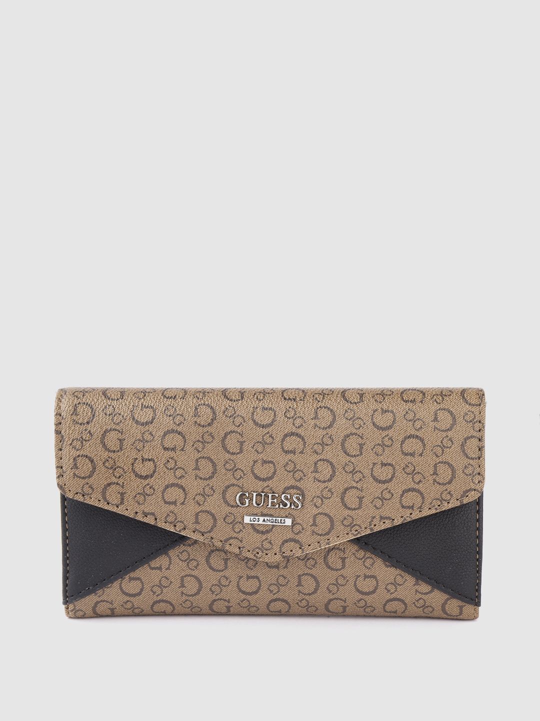 GUESS Women Brown & Black Typography Printed PU Three Fold Wallet Price in India