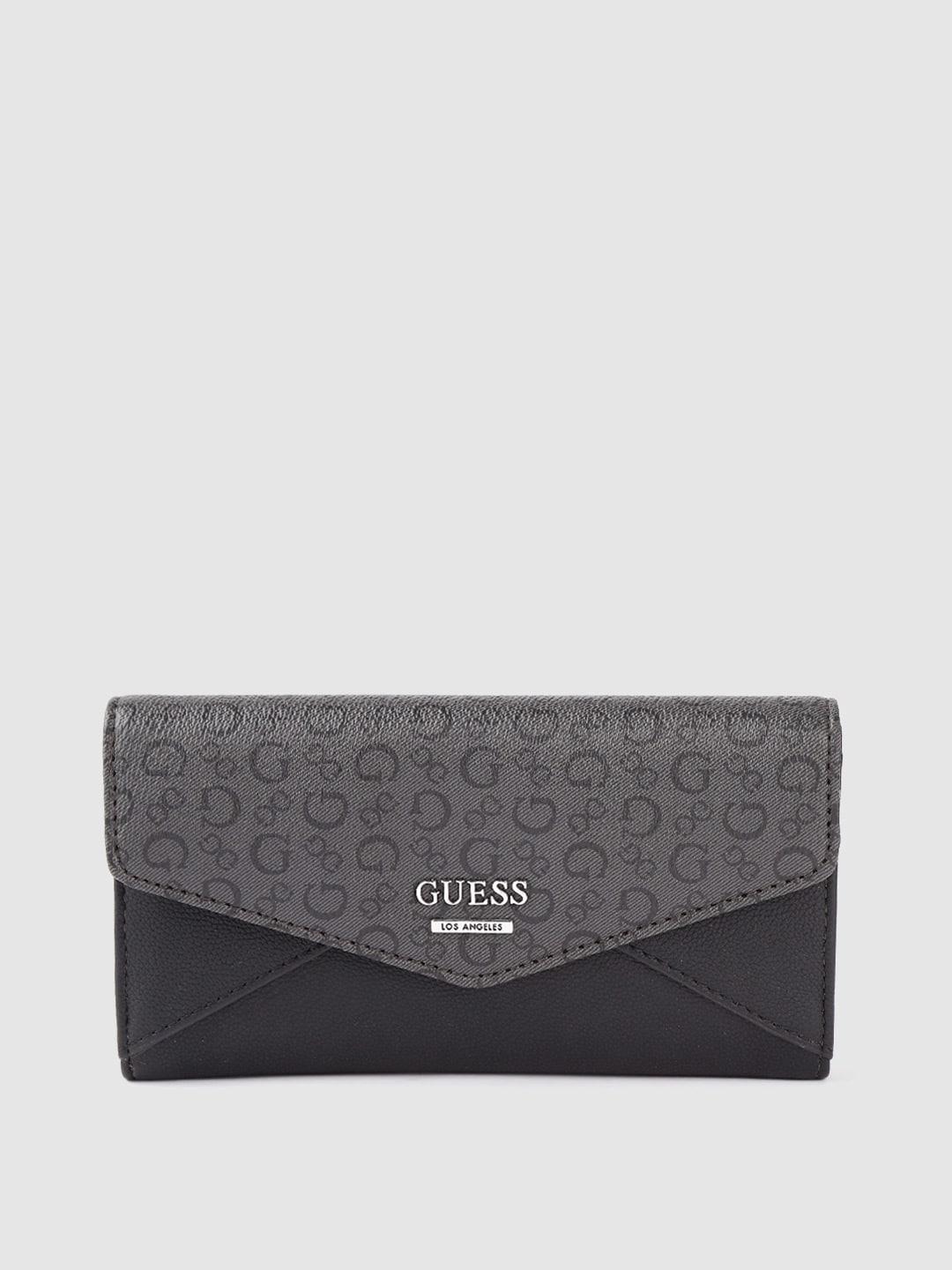 GUESS Women Black & Charcoal Grey Typography Printed Three Fold Wallet with Wrist Loop Price in India