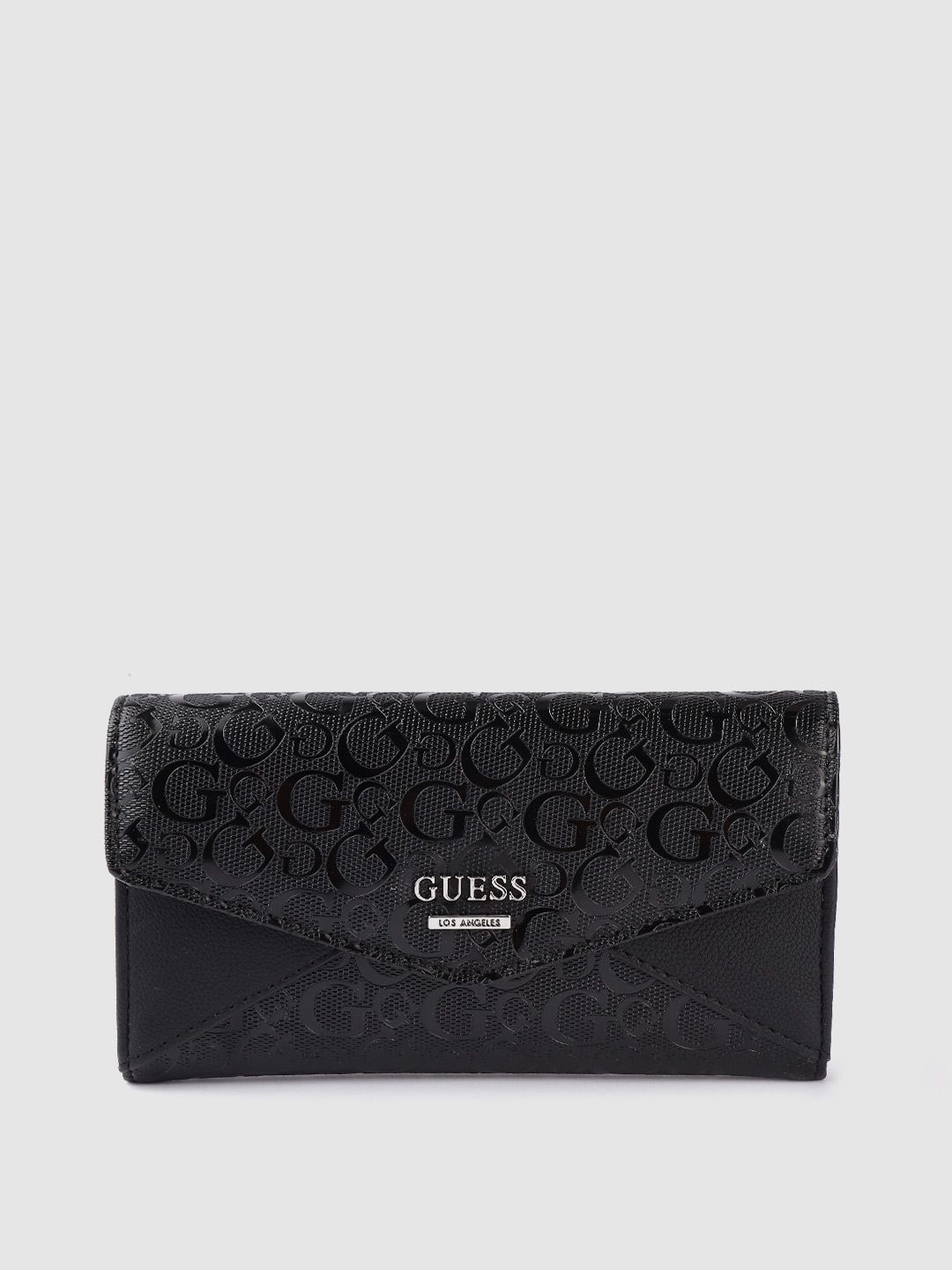 GUESS Women Black Brand Logo Textured PU Three Fold Wallet Price in India