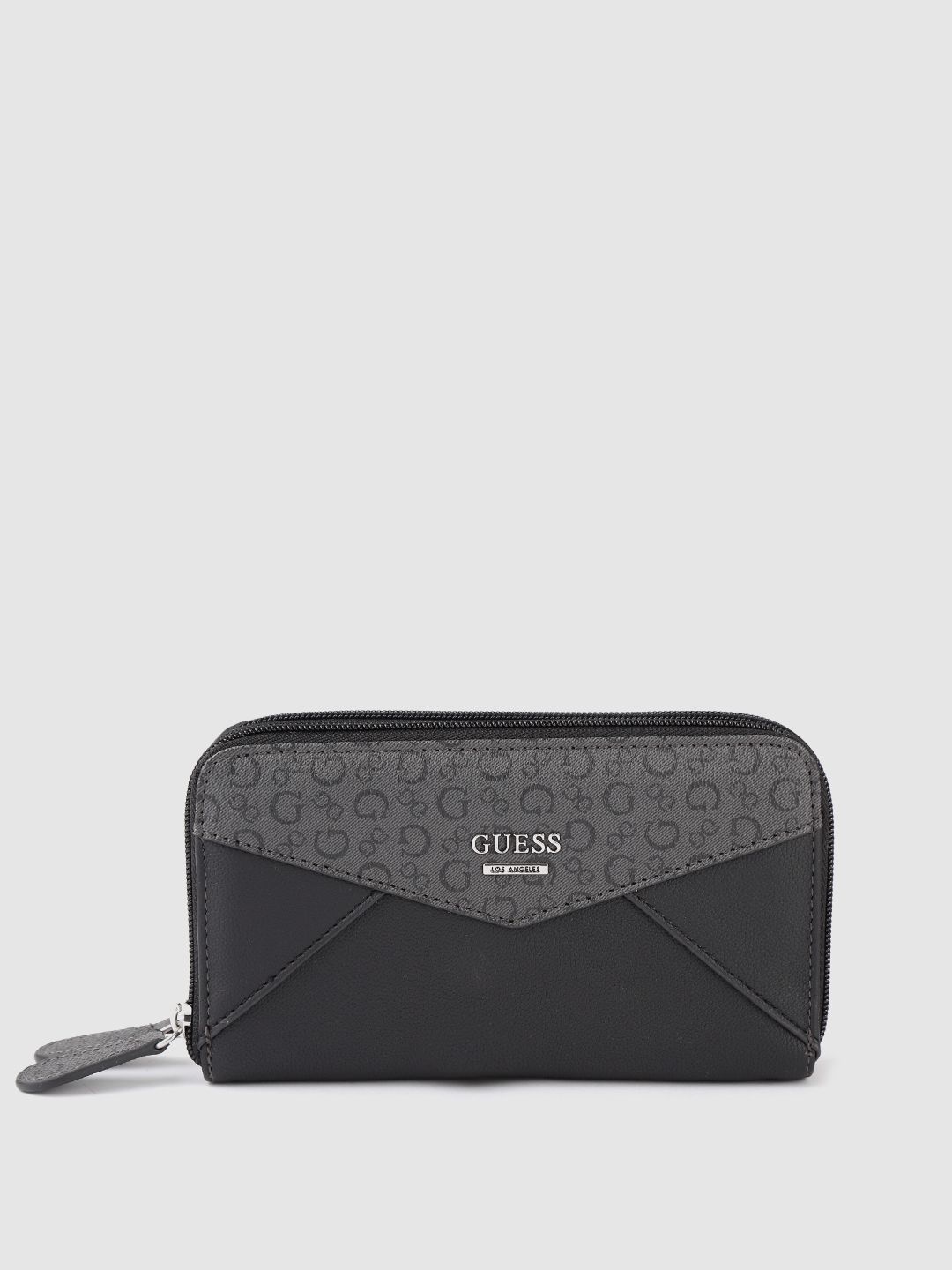 GUESS Women Black & Charcoal Typography Printed Zip Around Wallet Price in India