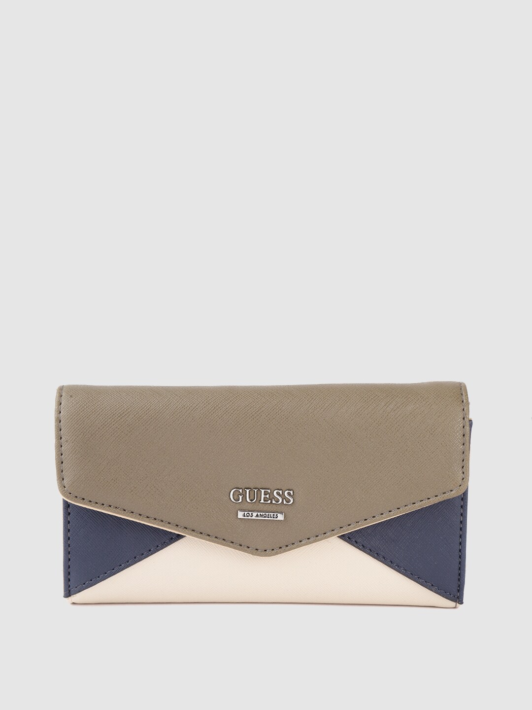 GUESS Women Olive Green & Navy Blue Colourblocked Saffiano Textured Three Fold Wallet Price in India