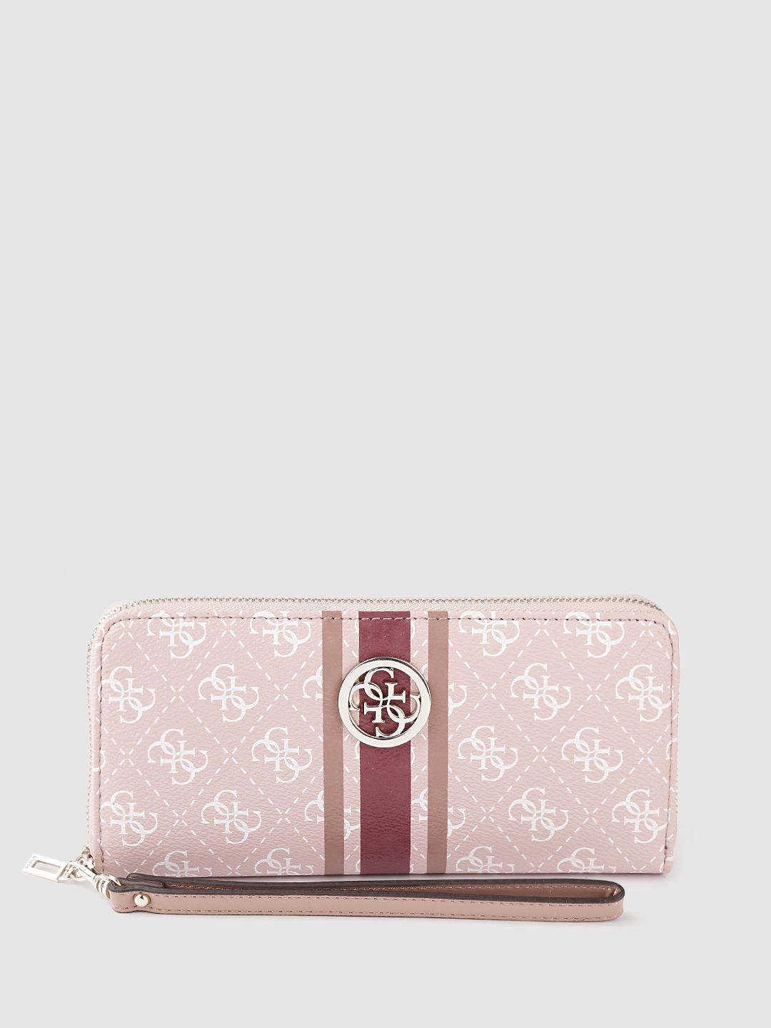 GUESS Women Peach-Coloured & White Brand Logo Printed PU Zip Around Wallet Price in India