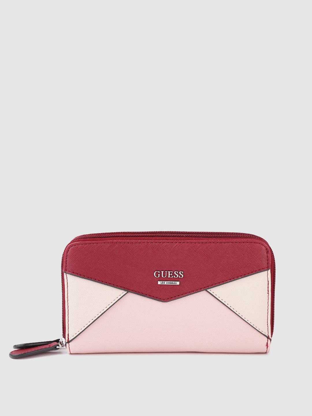 GUESS Women Maroon & Peach-Coloured Colourblocked Zip Around Wallet Price in India