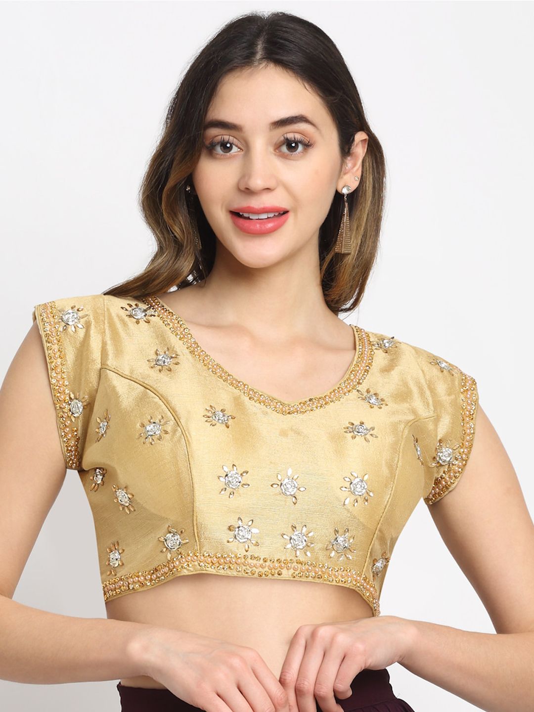 Grancy Women Gold Coloured Embellished Silk Saree Blouse Price in India