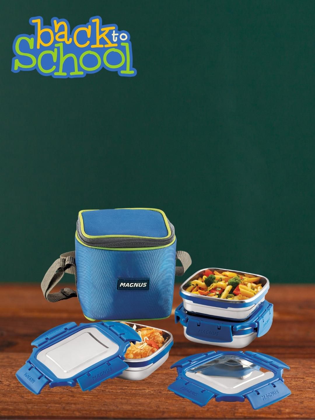MAGNUS Blue & Silver-Toned Bolt Deluxe Airtight & Leakproof Stainless Steel Lunch Box Set Price in India