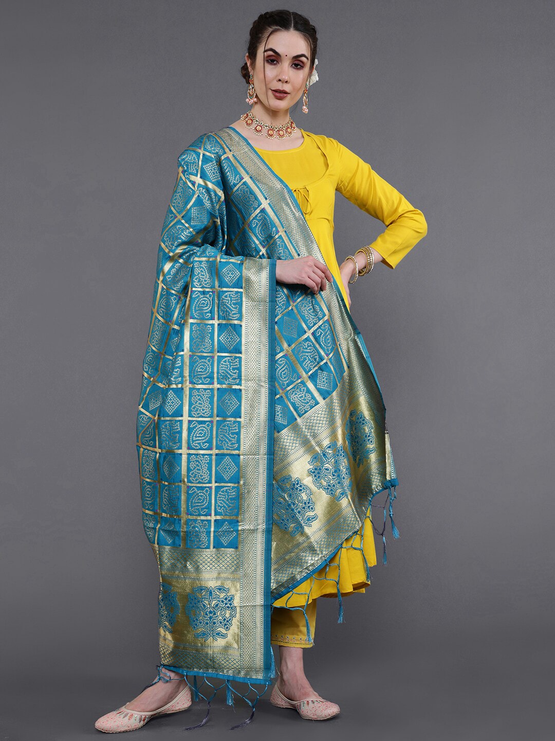 saubhagya Turquoise Blue & Golden Printed Dupatta with Zari Price in India