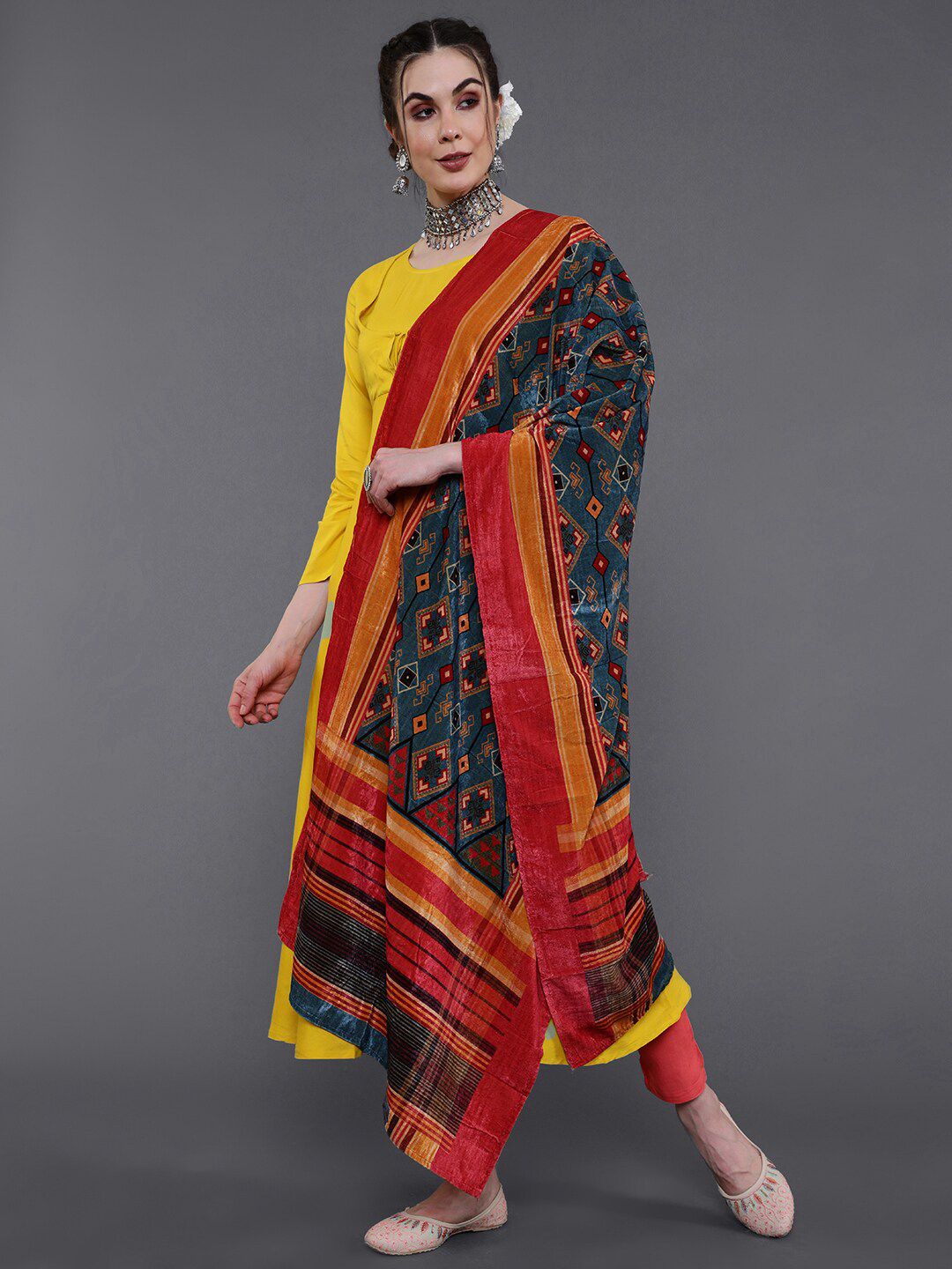 saubhagya Red & Blue Ethnic Motifs Printed Dupatta